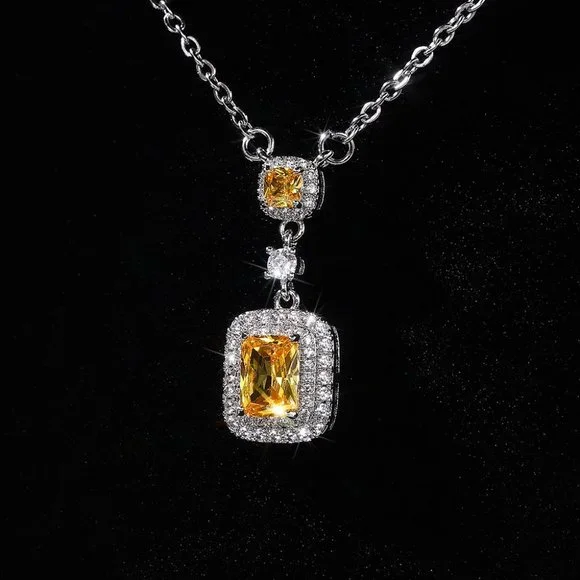🌸Bling Double Royal Yellow Zircon Silver Plated Necklace for Women, UNVN12412 - Picture 2 of 7